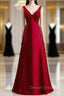 A-Line Burgundy Satin V-neck Beading Prom Dress