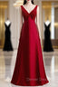 A-Line Burgundy Satin V-neck Beading Prom Dress