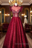 A-Line Burgundy Sequins High Neck Beading Crystal Prom Dress