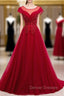 A-Line Burgundy Tulle Cap SLeeve Backless Prom Dress