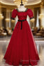 A-Line Burgundy Tulle Puff Sleeve Prom Dress