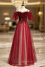 A-Line Burgundy Tulle Spaghetti Straps Appliques Prom Dress