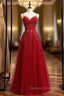 A-Line Burgundy Tulle Spaghetti Straps Beading Prom Dress