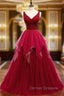 A-Line Burgundy Tulle V-neck Backless Beading Prom Dress