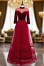 A-Line Burgundy Tulle Velvet High Neck Long Sleeve Prom Dress