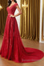 A Line Cap Sleeves Burgundy Lace Long Prom Dress with Appliques, Burgundy Formal Dress, Burgundy Evening Dress
