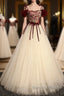 A line champagne long prom Dress, champagne tulle formal evening Dress