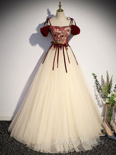 A line Champagne Long Prom Dress, Champagne Formal Gown With Beading Velvet