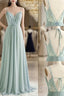 A-Line Chiffon Lace Long Prom Dress, Green Spaghetti Strap Backless Evening Dress