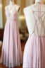 A-line Chiffon Pink Spaghetti Strap Deep V-neck Prom Dress