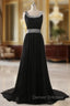A Line Chiffon Scoop Neck Black Evening Dress Pleat Sequined Waist