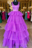 A-Line Crew Neck Lilac Tiered Tulle Long Formal Dress