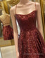 A Line Criss Cross Straps Back Burgundy Sequins Homecoming Dress