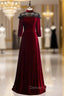 A-Line Dark Burgundy Velvet High Neck Short Sleeve Prom Dress