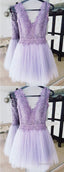 A-Line Deep V-Neck Backless Lilac Short Homecoming Dress With Lace