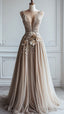 A-Line Deep V Neck Tulle Applique Long Ball Gown Bridesmaid Dress