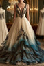 A-Line Deep V Neck Tulle Long Prom Dress Embroidered Applique Evening Dress