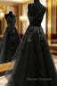 A Line Floor Length Black Tulle Lace Prom Dress