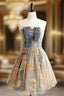 A-Line Gold/Blue Lace Short Prom Dress, Cute Homecoming Dress with Beading