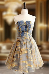 A-Line Gold/Blue Lace Short Prom Dress, Cute Homecoming Dress with Beading