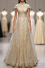 A-Line Gold Sequins High Neck Cap Sleeve Prom Dress