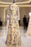 A-Line Gold Tulle Embroidery Long Sleeve Prom Dress