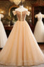 A-Line Gold Tulle Off the Shoulder Beading Prom Dress