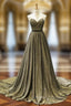 A-Line Gold Tulle Sweetheart Pleats Prom Dress With Pearls
