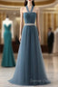 A-Line Gray Blue Tulle Long Bridesmaid Dress Floor-Length Beading Prom Dress Elegant