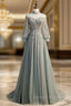 A-Line Gray Tulle Long Sleeve High Neck Backless Beading Prom Dress