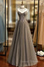 A-Line Gray Tulle Spagehtti Straps Beading Prom Dress