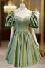 A Line Green Puffy Sleeve Satin Short Prom Dress Homecoming Dress