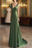 A-Line Green Satin V-Neckline Low Back Prom Dress, Green Evening Dress