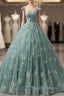 A-Line Green Tulle Lace Long Prom Dress, Green Formal Evening Dress