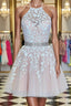 A Line Halter Neck Short Pink Lace Prom Dress with Belt, Pink Lace Formal Graduation Homecoming Dress