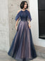 A-Line Halter Tulle Floor Length Prom Dress, Blue Long Party Dresses