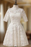 A-line High Collar Lace Half Sleeves Knee Length Wedding Dress