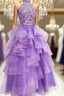 A-Line High Neck Light Purple Tulle Appliques Long Prom Dress with Beading