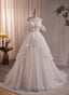 A-line Ivory Beaded Tulle Long Wedding Party Dress, Ivory Tulle Floor Length Prom Dress