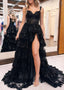 A Line Lace Off-the-Shoulder Tiered Long Prom Dress with Slit