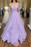 A-Line Lavender Shiny Tulle Prom Dress, Long Spaghetti Strap Evening Dress