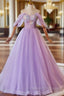 A-Line Light Purple Sweethart Lace Applique Party Dress, Purple Long Prom Dress