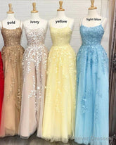 A Line Long Lace Prom Dresses Spaghetti Straps Sleeveless