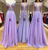 A-Line Long Lace Purple Prom Dress V-Neck Lilac Party Dress