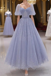 A-Line Long sleeves Beading Gray Blue Long Prom Dress, Gray Blue Formal Dress