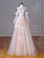 A-Line Long Sleeves Tulle Lace Champagne Long Prom Dress, Champagne Long Formal Dress