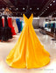 A Line Long V Neck Sleeveless Yellow Prom Formal Dresses