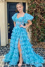 A-line Multi Tiered Printed Tulle Prom Dress with Slit