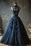 A Line Navy Blue Tulle High Neck Long Prom Dress Charming Evening Dress