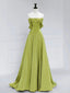 A-Line Off Shoulder Green Satin Long Prom Dress, Green Long Formal Evening Dress